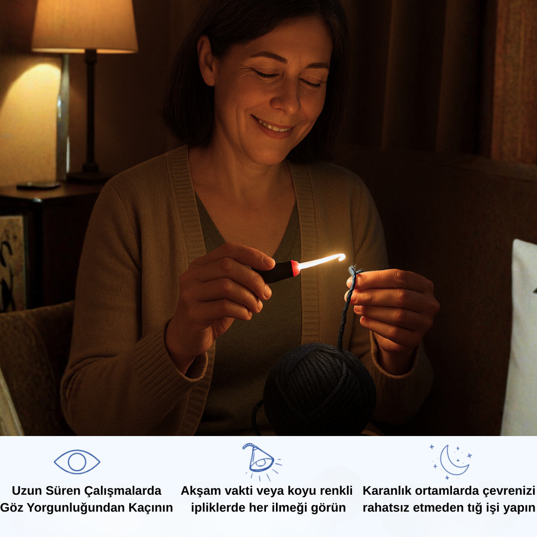 Işıklı Ergonomik Tığ Seti - 11 Farklı Başlık ile Gece Örgüleri Artık Daha Kolay