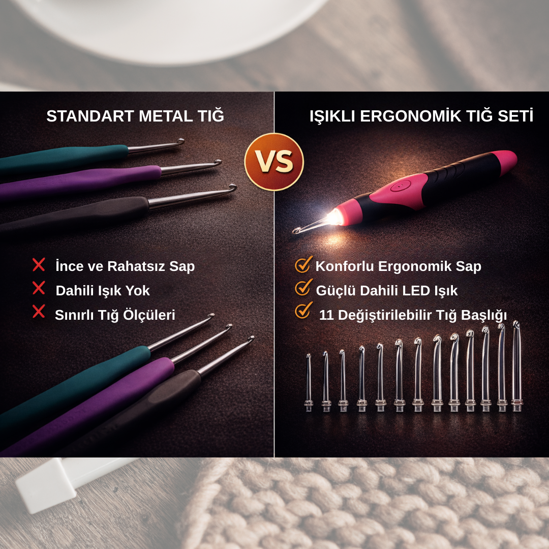 Işıklı Ergonomik Tığ Seti - 11 Farklı Başlık ile Gece Örgüleri Artık Daha Kolay
