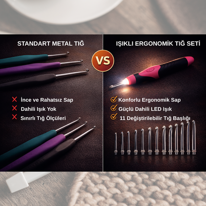 Işıklı Ergonomik Tığ Seti - 11 Farklı Başlık ile Gece Örgüleri Artık Daha Kolay