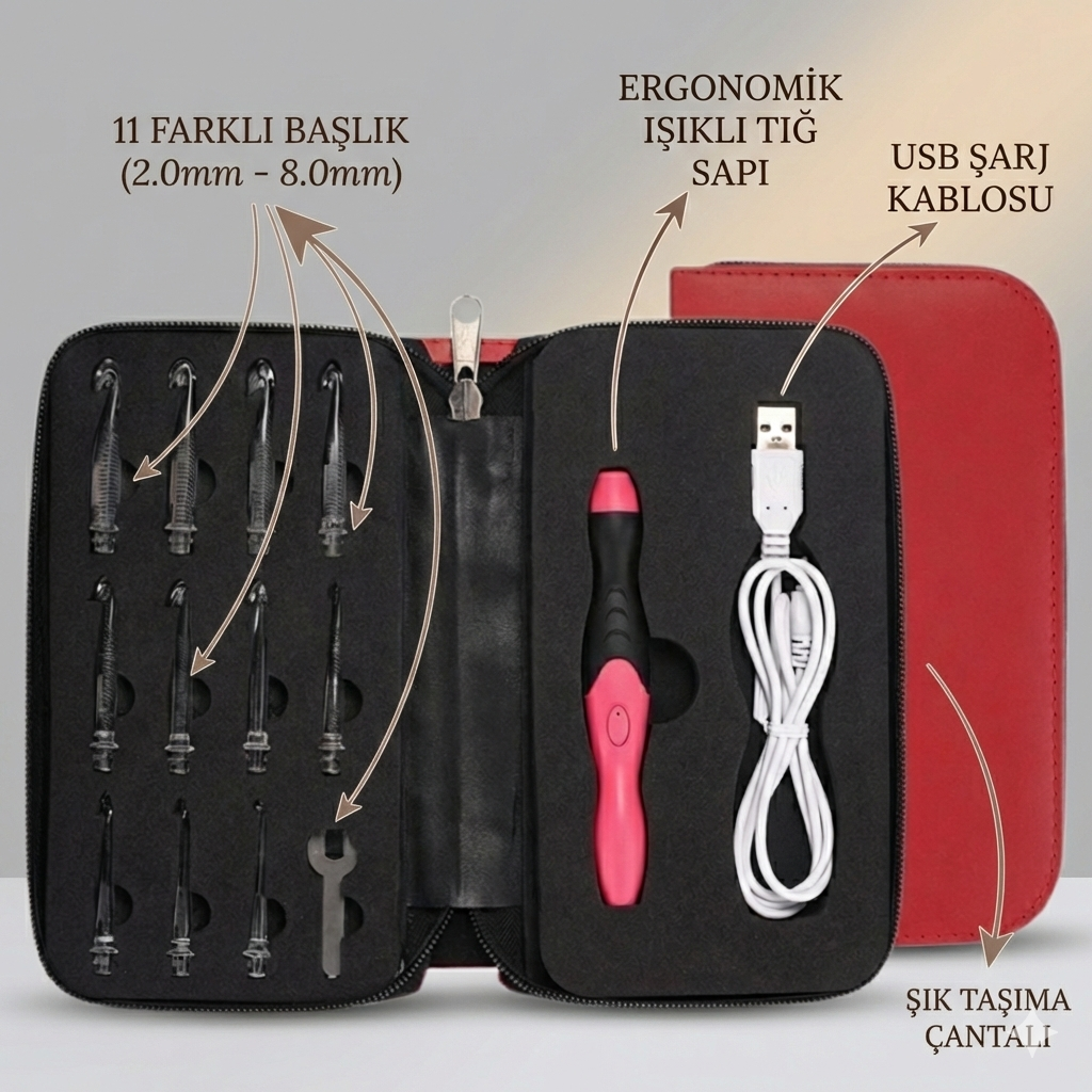 Işıklı Ergonomik Tığ Seti - 11 Farklı Başlık ile Gece Örgüleri Artık Daha Kolay