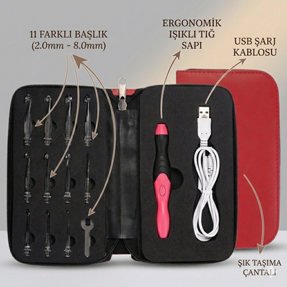 Işıklı Ergonomik Tığ Seti - 11 Farklı Başlık ile Gece Örgüleri Artık Daha Kolay